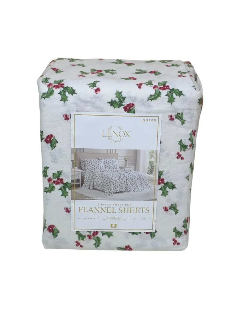 Lenox 6-Piece Queen Flannel Sheet Set With Holly Print 100% Cotton Cozy